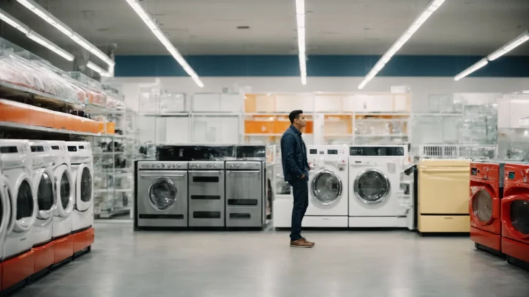 a person thoughtfully comparing two large appliances in a brightly lit store.
