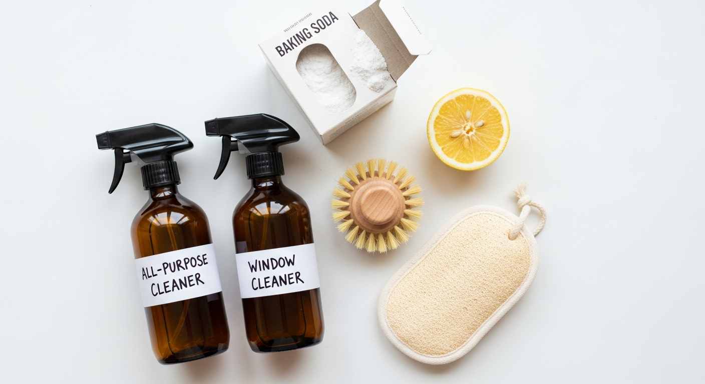 Create Your Sustainable Non-Toxic Home & Healthy Sanctuary 1 Eco-friendly cleaning products like vinegar and baking soda for a non-toxic home.