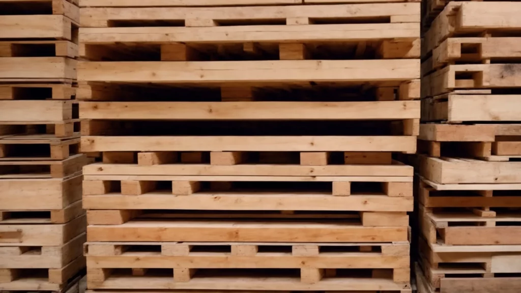 stacks of sturdy wooden pallets neatly organized in a warehouse, ready for use.