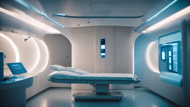 in a futuristic hospital room, a patient peacefully lies in a hi-tech pod glowing with soft light, surrounded by advanced medical equipment.