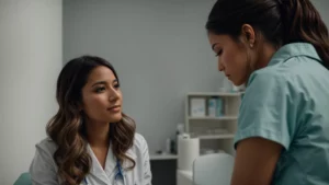 a woman is discussing her test results with a healthcare professional in a clinic.