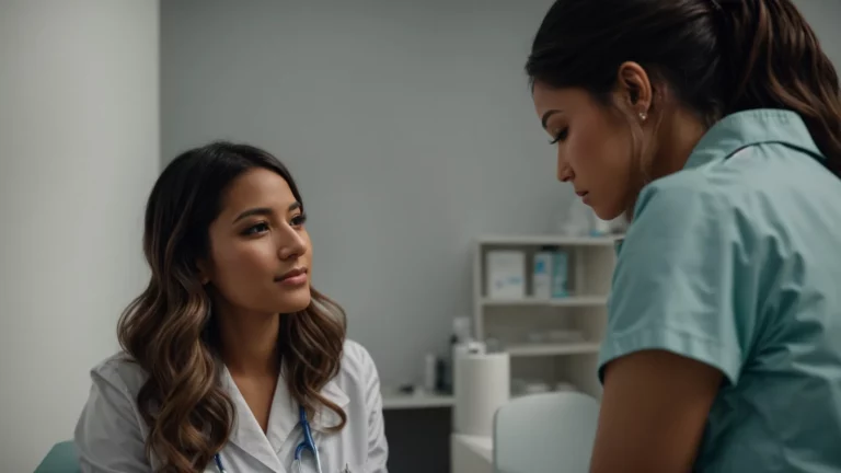 a woman is discussing her test results with a healthcare professional in a clinic.