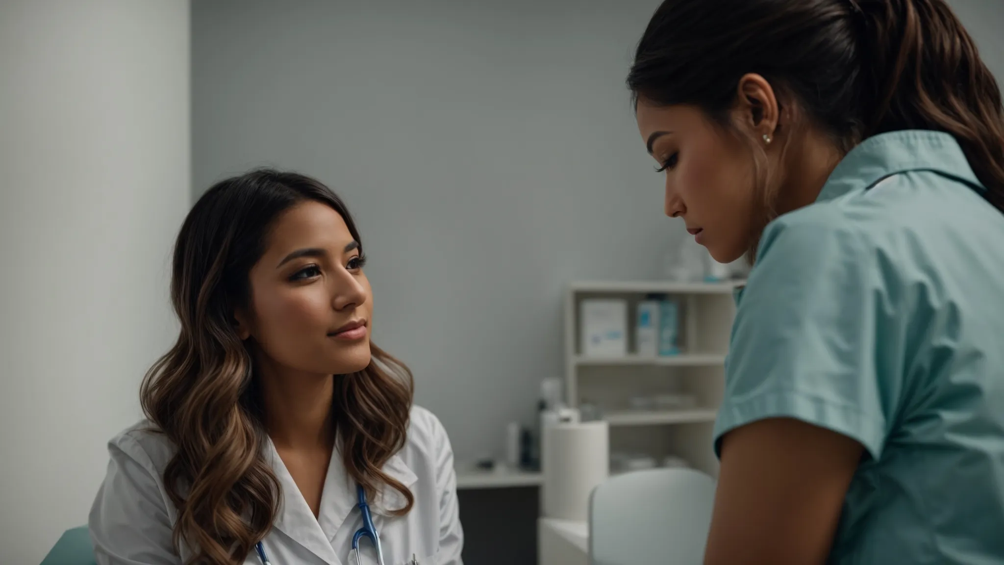 a woman is discussing her test results with a healthcare professional in a clinic.