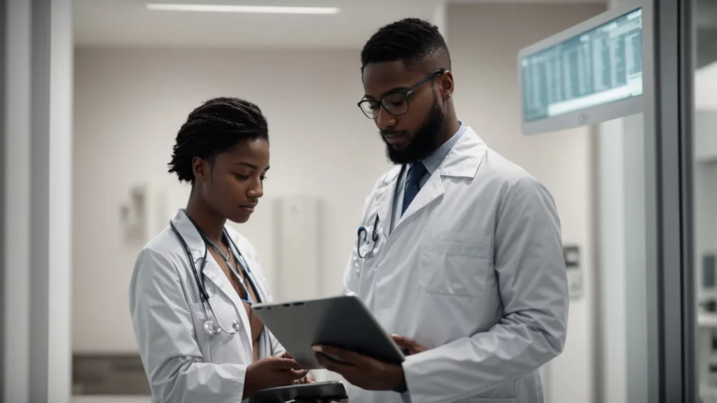 a person consults with a medical professional in a clean, modern clinic, discussing options displayed on a tablet.