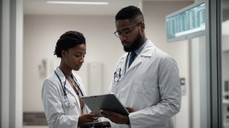 a person consults with a medical professional in a clean, modern clinic, discussing options displayed on a tablet.