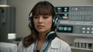 a healthcare professional examines various audiometric devices in a clinic, comparing features and specifications.