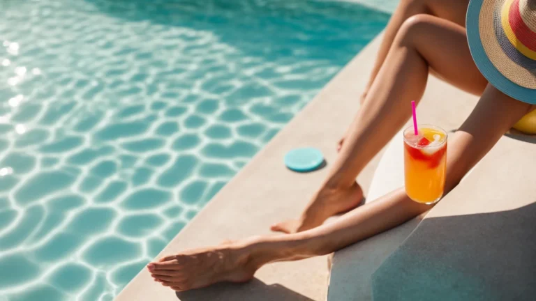 a person relaxedly lounging by a poolside, enjoying a colorful, fizzy drink from a sleek can during a sunny afternoon.