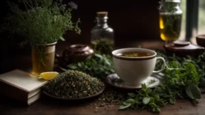 a steaming cup of herbal tea sitting beside a book on herbal remedies on a wooden table, surrounded by a variety of fresh herbs and plants.
