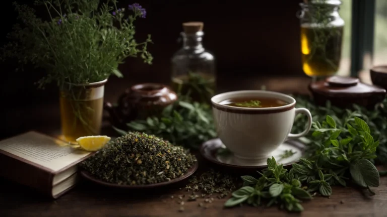 a steaming cup of herbal tea sitting beside a book on herbal remedies on a wooden table, surrounded by a variety of fresh herbs and plants.