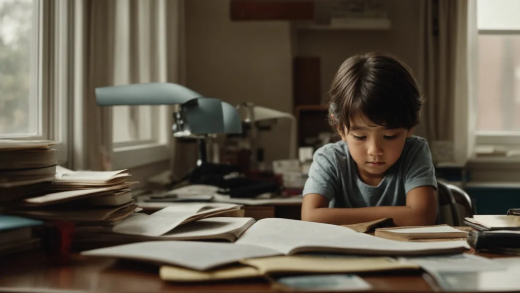 a child sits at a cluttered desk, staring blankly out the window while surrounded by unfinished homework.