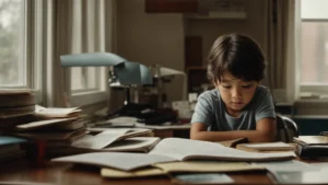 a child sits at a cluttered desk, staring blankly out the window while surrounded by unfinished homework.