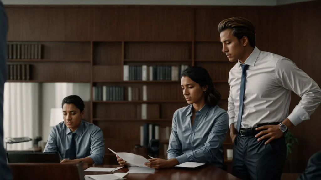 a concerned couple consults with a lawyer in a formal office setting.