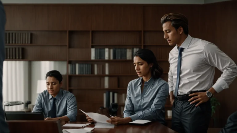 a concerned couple consults with a lawyer in a formal office setting.