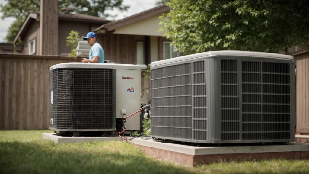 a professional hvac technician is inspecting a large, modern air conditioning unit outside a residential home.