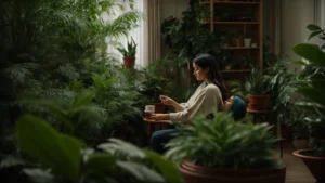 a compassionate therapist and a patient sit in a soothing, plant-filled room, engaging in a deep conversation.