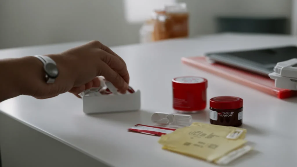 a person unpacking a compact blood testing kit on their kitchen table, visibly simplifying the healthcare process.