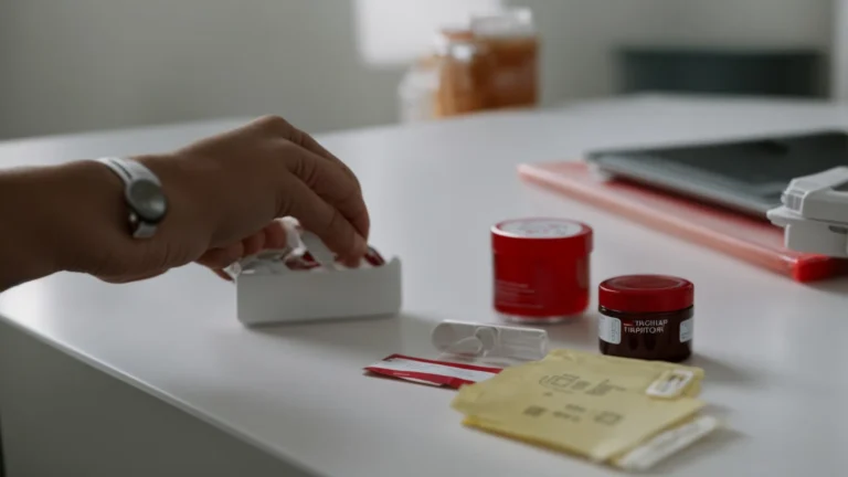 a person unpacking a compact blood testing kit on their kitchen table, visibly simplifying the healthcare process.