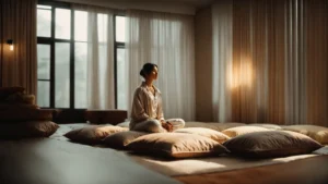 a serene room with soft lighting where a person meditates on a cushion to manage chronic pain through mindfulness.
