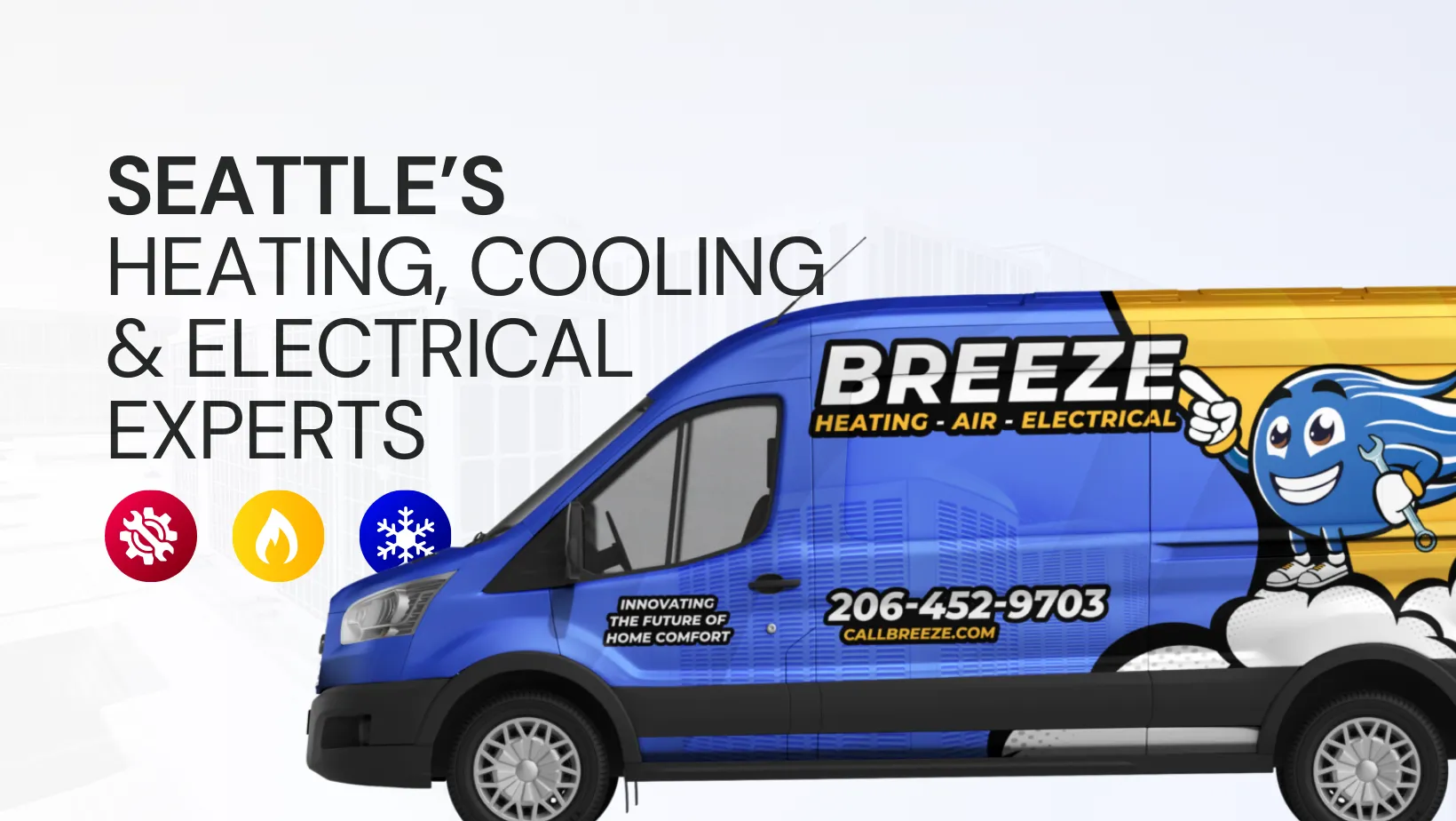 Breeze Heating, Air, and Electrical van in Seattle, WA. Local experts for heating, cooling, and electrical services. Call Breeze for home comfort.