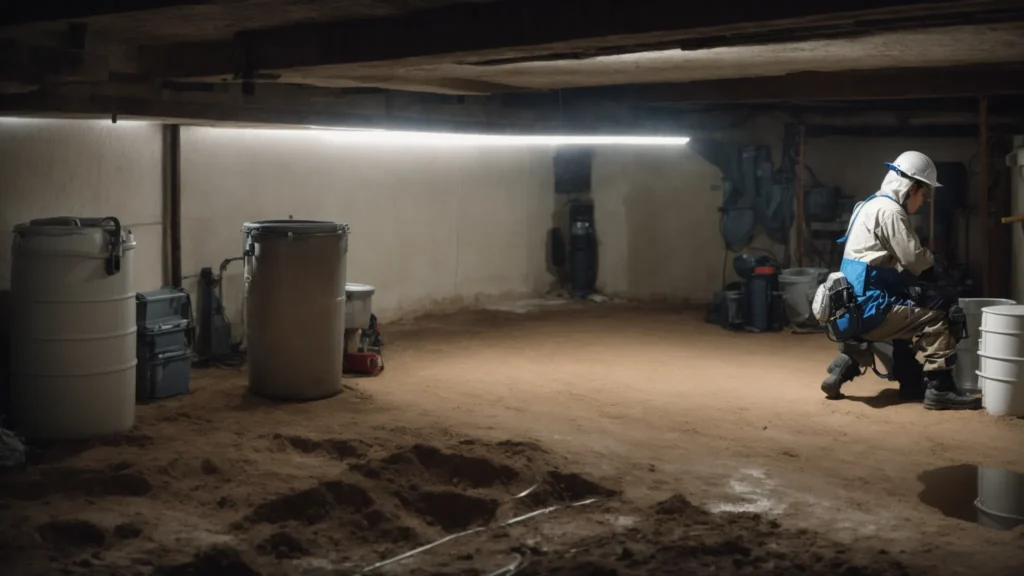 a basement being inspected by a professional in protective gear for waterproofing services.