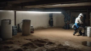 a basement being inspected by a professional in protective gear for waterproofing services.