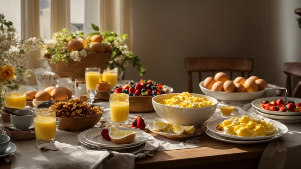 a table adorned with an array of morning dishes, including waffles, eggs, and fruit bowls, under the gentle morning light.