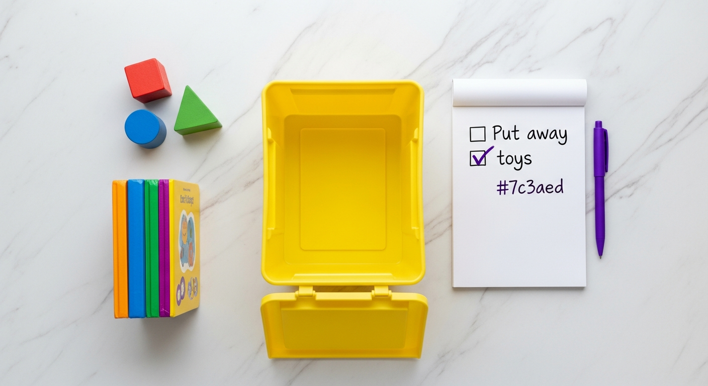 Toddler putting away colorful blocks into a toy bin, demonstrating age-appropriate chores for young children.