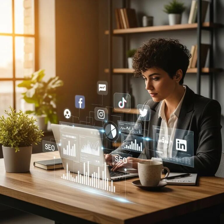 Small business owner analyzing digital marketing strategies with tools and analytics