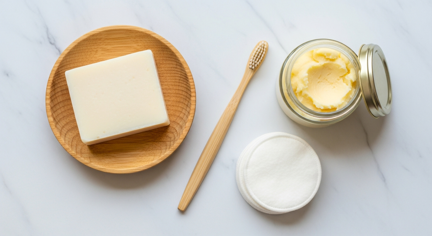Non-toxic kitchen with cast iron cookware and glass food storage containers.