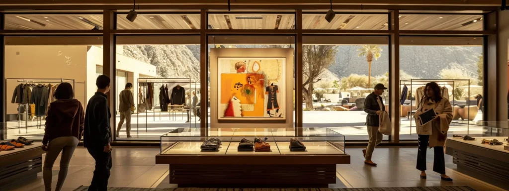 business professionals examining a basquiat apparel collection displayed on a table at a luxury resort in palm springs.