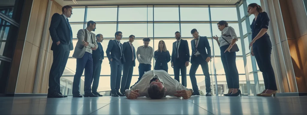 a group of professionals in business attire practicing cpr techniques on a mannequin anchored to the floor.