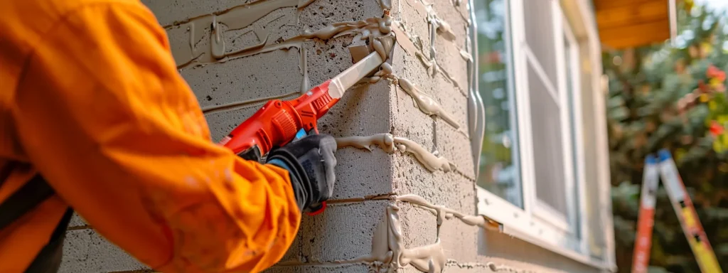 a professional contractor applying silicone caulk around the exterior of a home to prevent water intrusion.