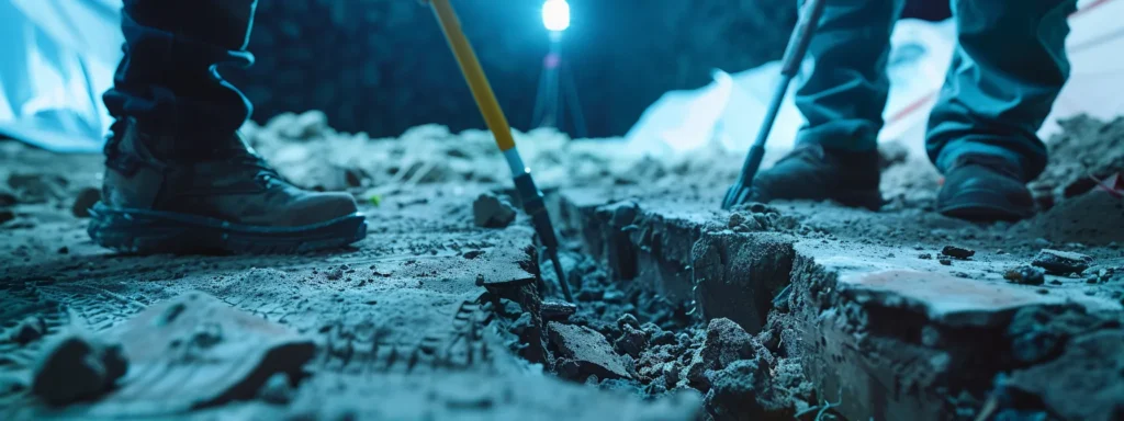 a professional business team inspecting a cracked foundation with tools and equipment.