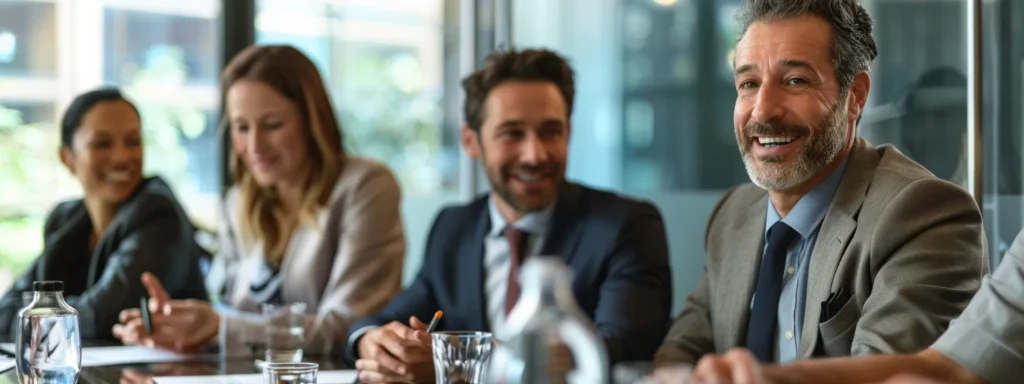 a group of business professionals in a boardroom discussing the benefits of maintaining a celebrity smile with clear aligners and retainers.