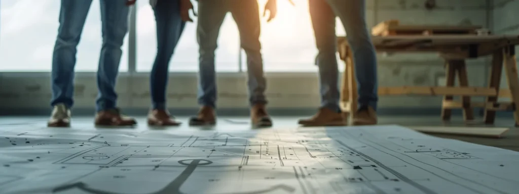 business professionals standing around a blueprint with an anchor symbol, discussing the long-term value and peace of mind in home remodeling with a licensed contractor.