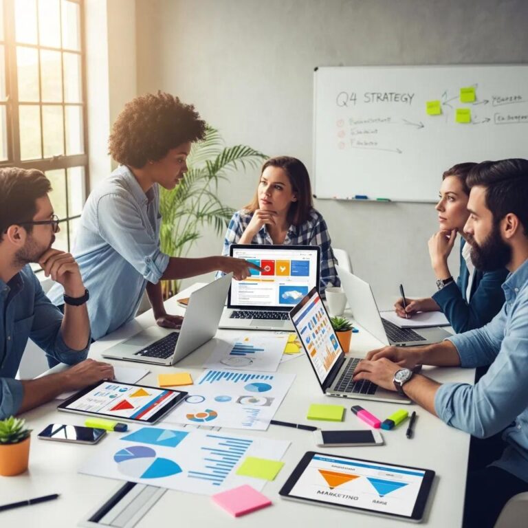 Diverse professionals collaborating on a custom digital marketing strategy in a modern office setting