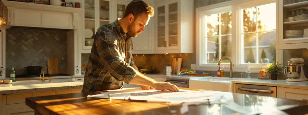 a contractor measuring and planning a kitchen remodel with 3d modeling tools.