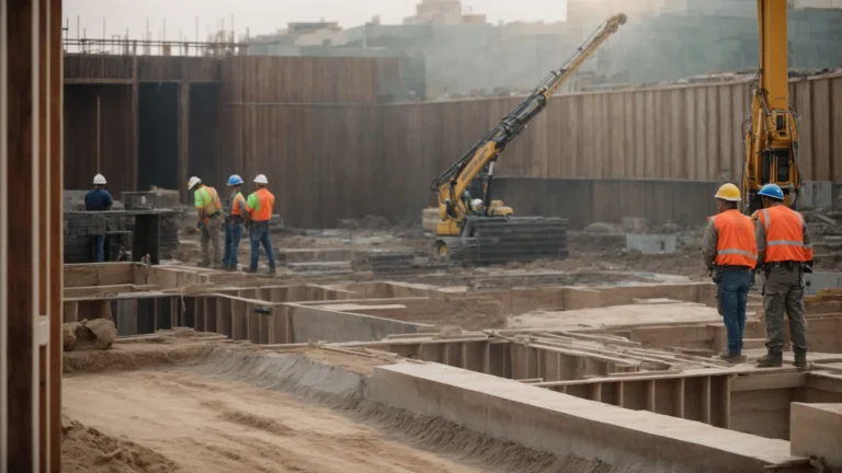construction workers inspect the large, exposed foundation of a building, assessing it for damages.