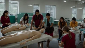 a group of people practicing cpr on mannequins in a bright classroom.
