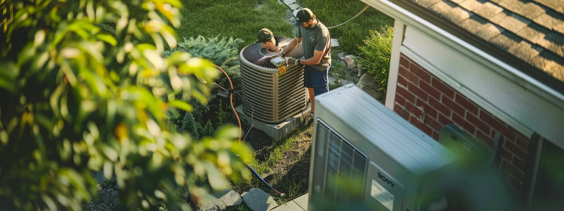 Air Conditioning Repair Woodstock: Proactive Steps for Homeowners Seeking Reliability 1 a team of technicians working on an air conditioning unit tied to an anchor outside a home in woodstock.