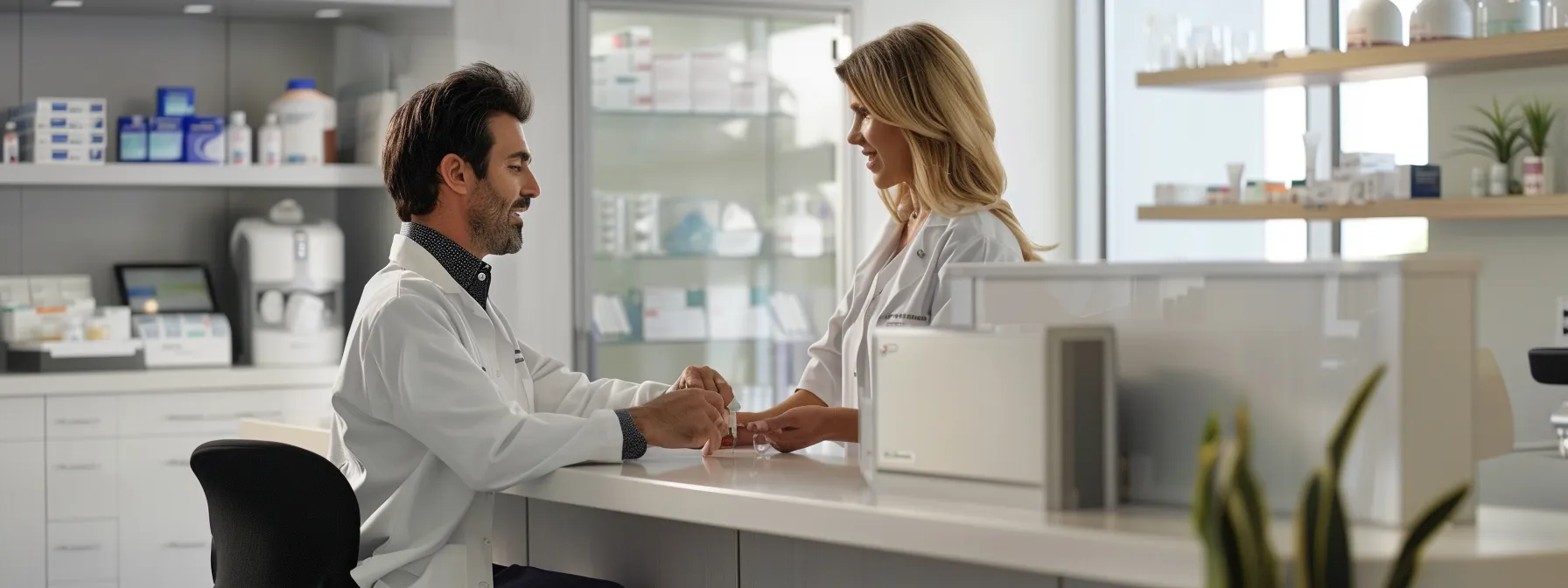 a professional in a white lab coat administering hormone therapy while a patient looks on in a modern medical office.