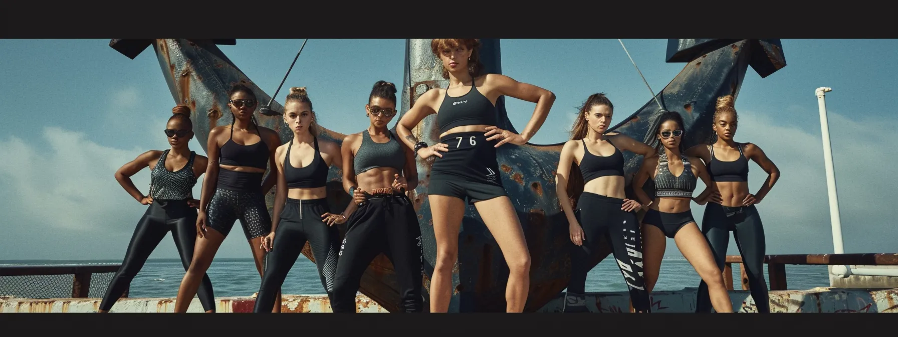 The Rise of Athleisure: How Fashion Meets Fitness in Modern Lifestyles 1 a group of models in fashionable athleisure outfits posing confidently in front of a large anchor symbolizing strength and stability in the fitness lifestyle industry.