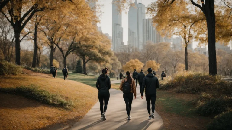people stroll through a city park wearing stylish athletic wear.