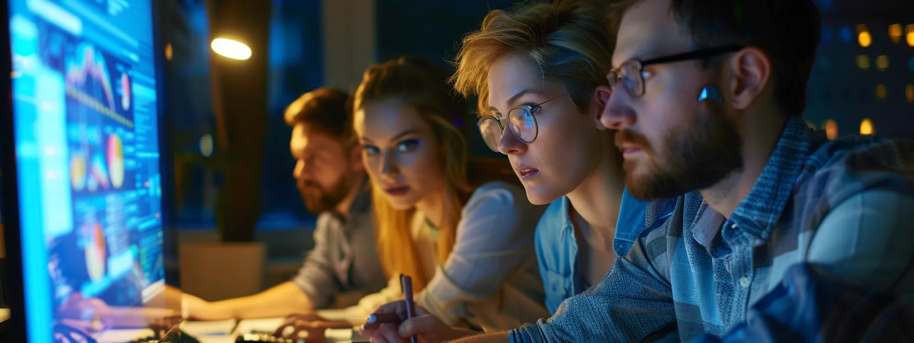 a focused team collaborates around a computer, analyzing data for a strategic seo campaign.