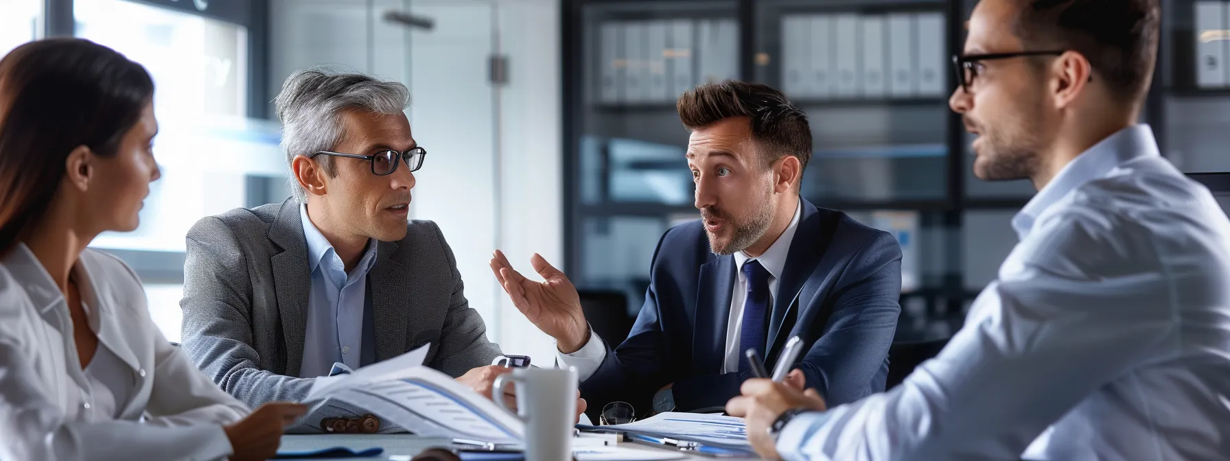 a group of business professionals engaged in a focused discussion around a table, surrounded by documents and graphs.