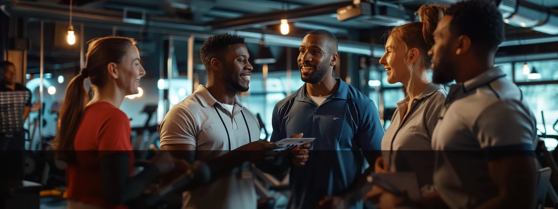 a group of business professionals engaged in a focused discussion around smart home gym equipment and athleisure trends.