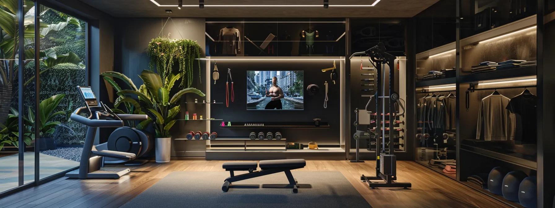 a sleek smart home gym setup blends seamlessly with stylish athleisure attire on display.